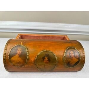 Vintage Hand Painted Dome Top Wooden Trunk Portrait Miniatures Velvet Lined 12in